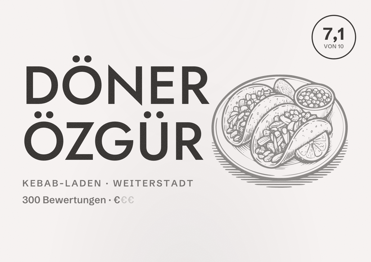 Illustriertes Poster von Döner Özgür, Kebab-Laden in Weiterstadt: Bewertung 7,1 von 10 aus 300 Bewertungen, Preisniveau €