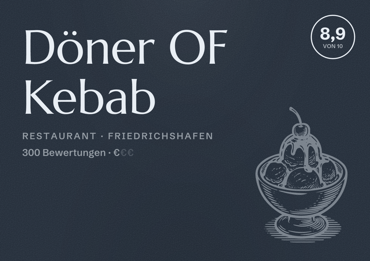 Illustriertes Poster von Döner OF Kebab, Restaurant in Friedrichshafen: Bewertung 8,9 von 10 aus 300 Bewertungen, Preisniveau €