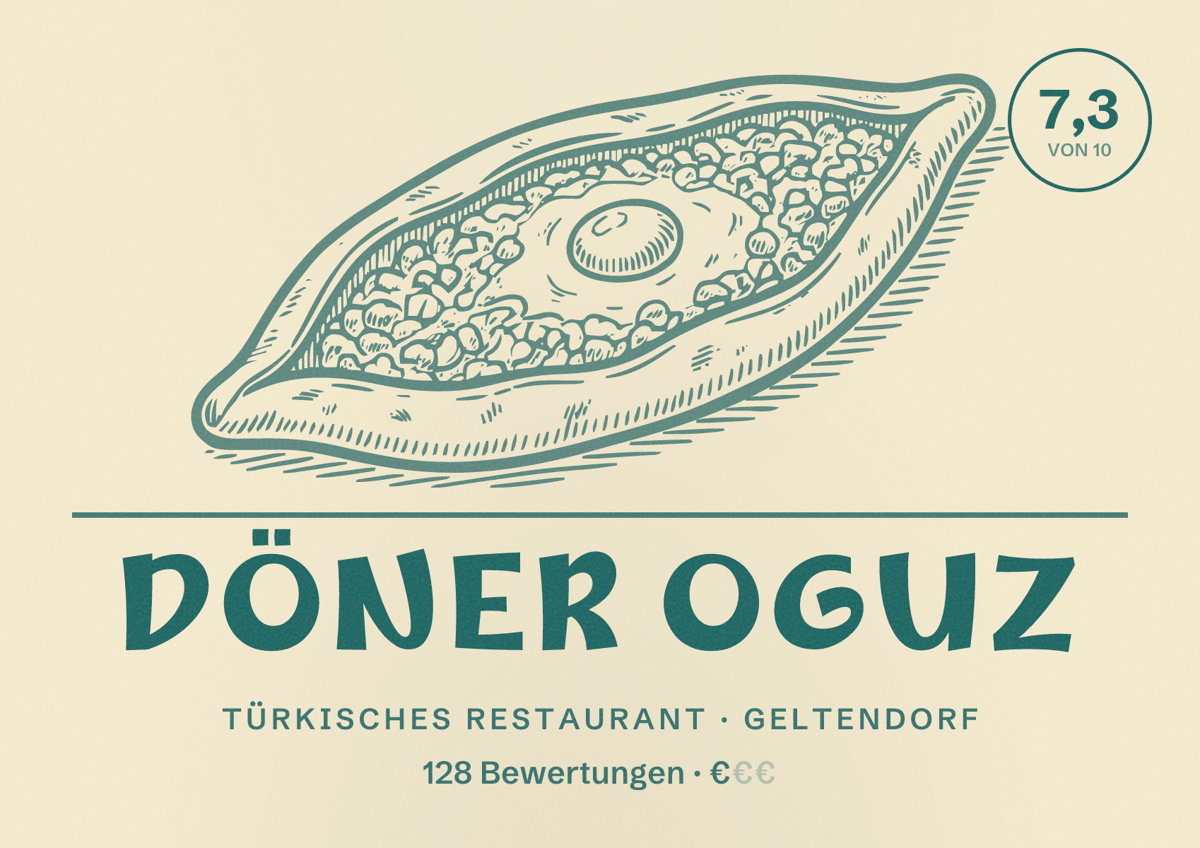 Illustriertes Poster von Döner Oguz, Türkisches Restaurant in Geltendorf: Bewertung 7,3 von 10 aus 128 Bewertungen, Preisniveau €