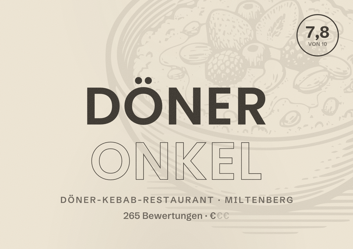 Illustriertes Poster von Döner Onkel, Döner-Kebab-Restaurant in Miltenberg: Bewertung 7,8 von 10 aus 265 Bewertungen, Preisniveau €