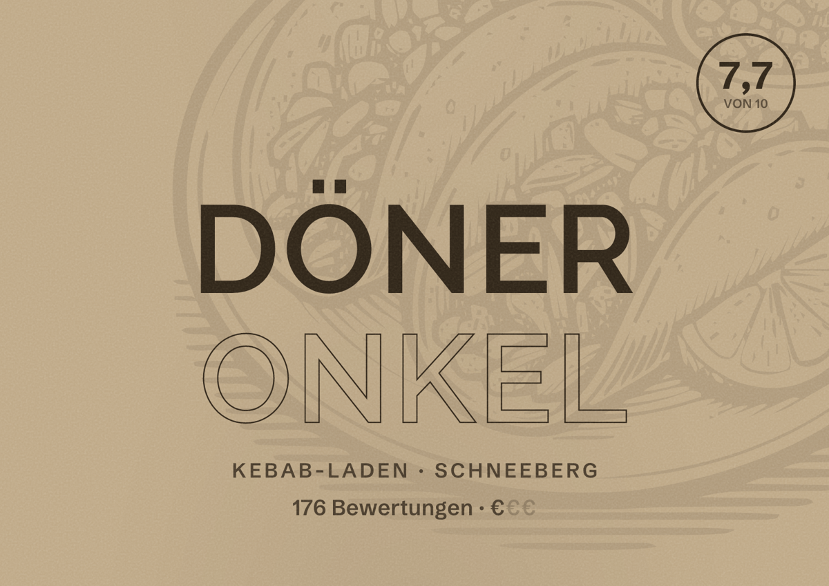 Illustriertes Poster von Döner Onkel, Kebab-Laden in Schneeberg: Bewertung 7,7 von 10 aus 176 Bewertungen, Preisniveau €