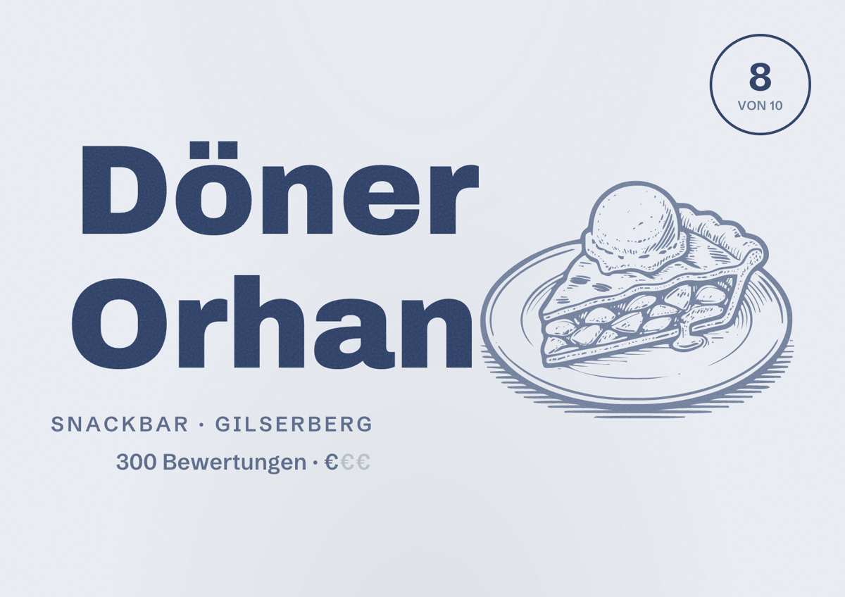 Illustriertes Poster von Döner Orhan, Snackbar in Gilserberg: Bewertung 8 von 10 aus 300 Bewertungen, Preisniveau €