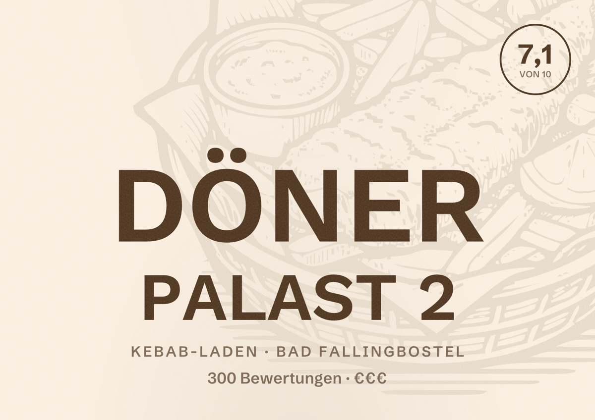 Illustriertes Poster von DÖNER PALAST 2, Kebab-Laden in Bad Fallingbostel: Bewertung 7,1 von 10 aus 300 Bewertungen, Preisniveau €€€