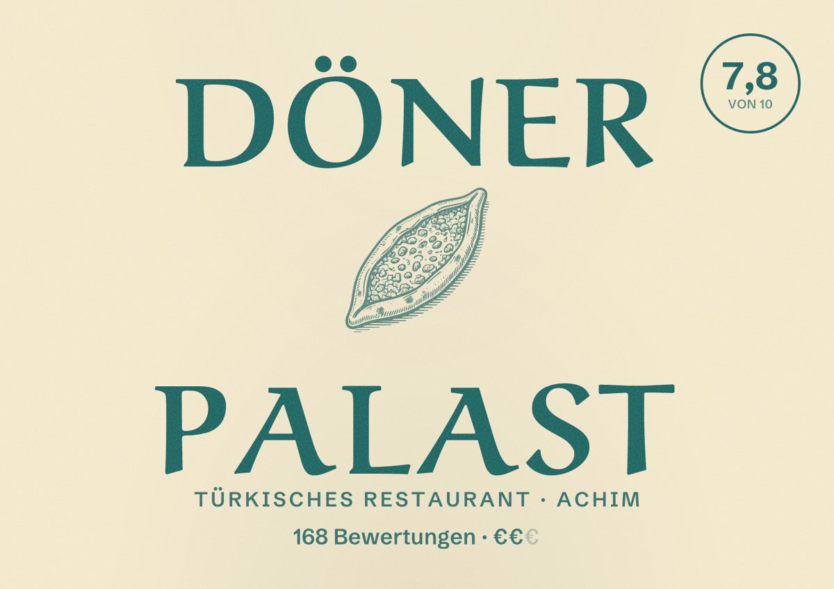 Illustriertes Poster von Döner Palast, Türkisches Restaurant in Achim: Bewertung 7,8 von 10 aus 168 Bewertungen, Preisniveau €€