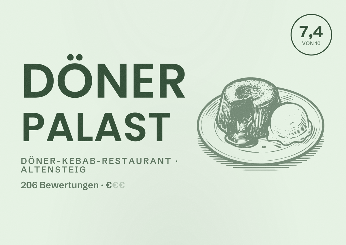 Illustriertes Poster von Döner Palast, Döner-Kebab-Restaurant in Altensteig: Bewertung 7,4 von 10 aus 206 Bewertungen, Preisniveau €