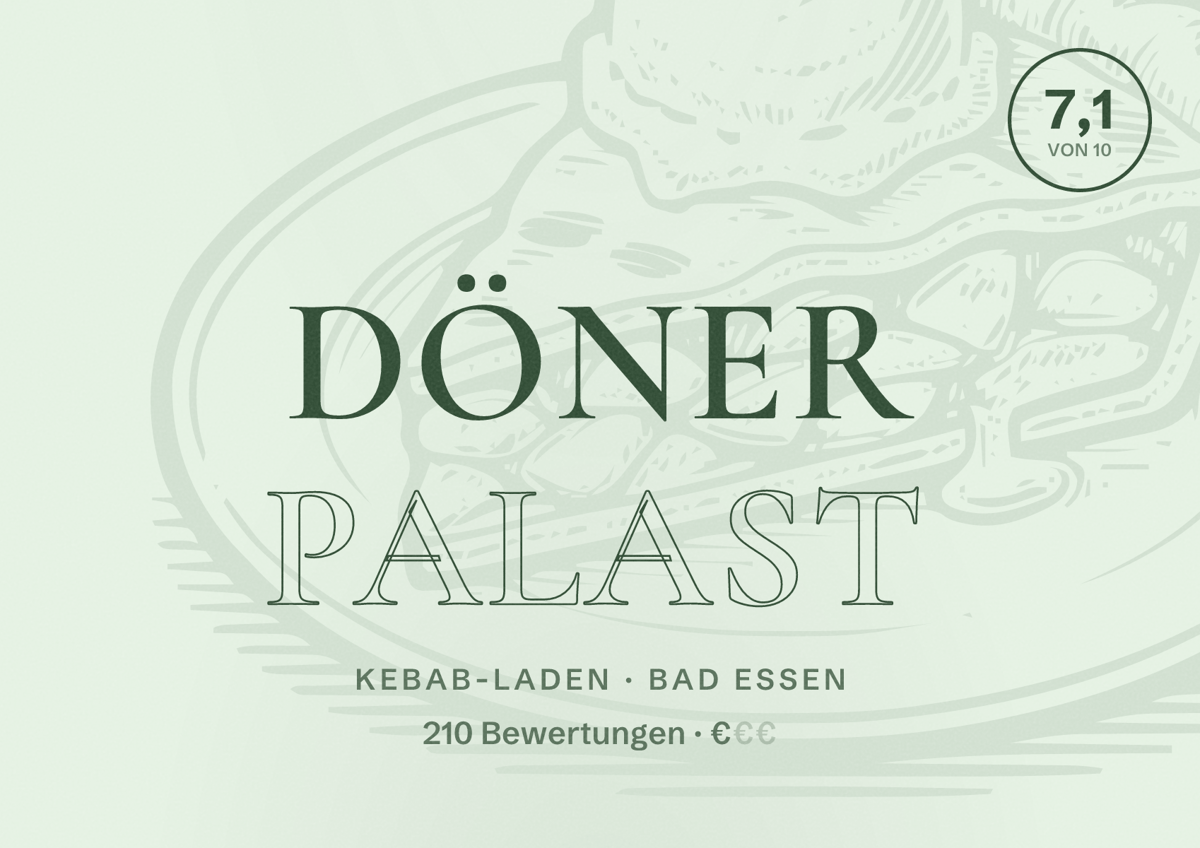 Illustriertes Poster von Döner Palast, Kebab-Laden in Bad Essen: Bewertung 7,1 von 10 aus 210 Bewertungen, Preisniveau €