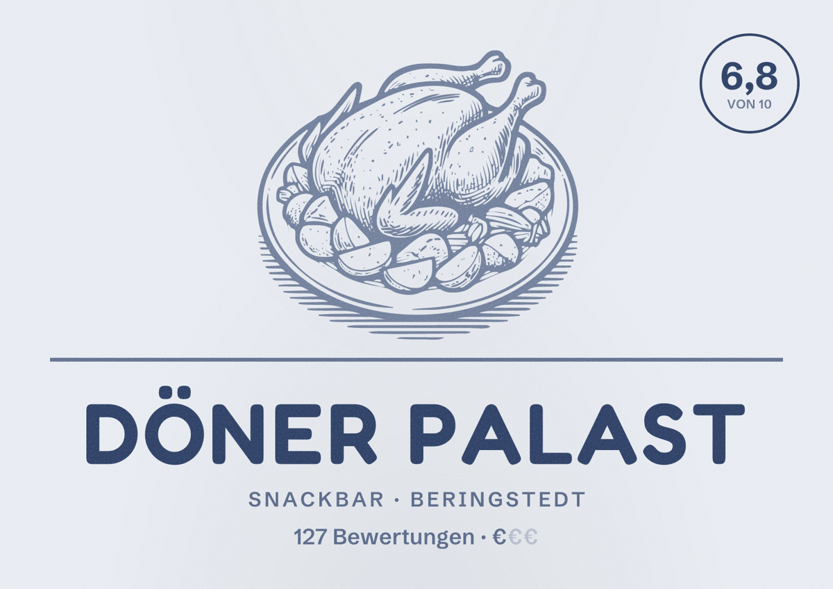 Illustriertes Poster von Döner Palast, Snackbar in Beringstedt: Bewertung 6,8 von 10 aus 127 Bewertungen, Preisniveau €