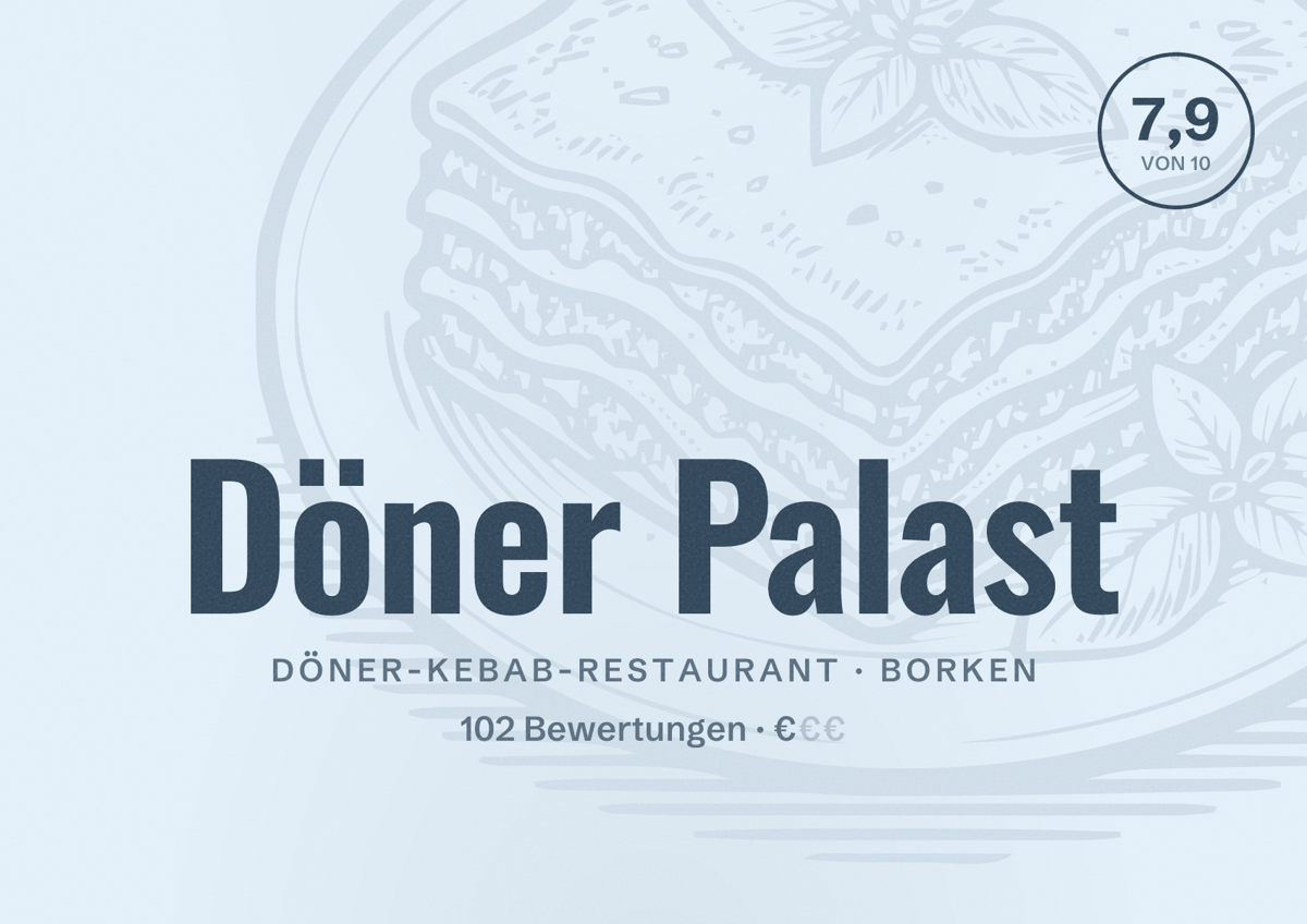 Illustriertes Poster von Döner Palast, Döner-Kebab-Restaurant in Borken: Bewertung 7,9 von 10 aus 102 Bewertungen, Preisniveau €
