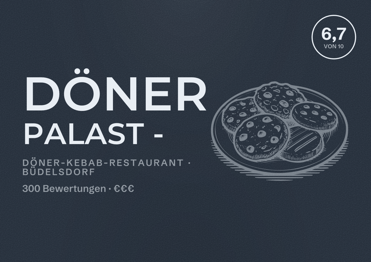 Illustriertes Poster von Döner Palast -, Döner-Kebab-Restaurant in Büdelsdorf: Bewertung 6,7 von 10 aus 300 Bewertungen, Preisniveau €€€