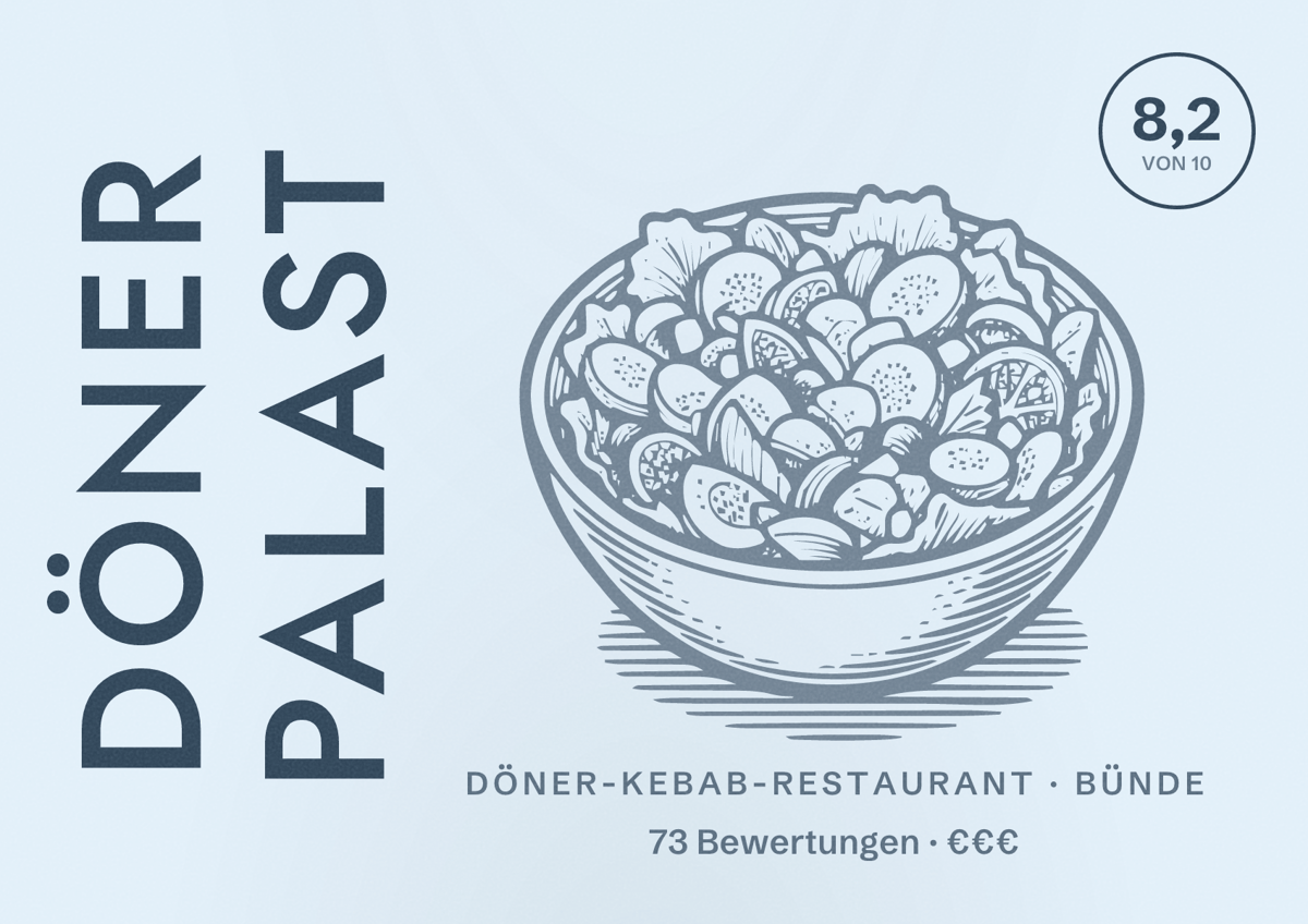 Illustriertes Poster von Döner Palast, Döner-Kebab-Restaurant in Bünde: Bewertung 8,2 von 10 aus 73 Bewertungen, Preisniveau €€€
