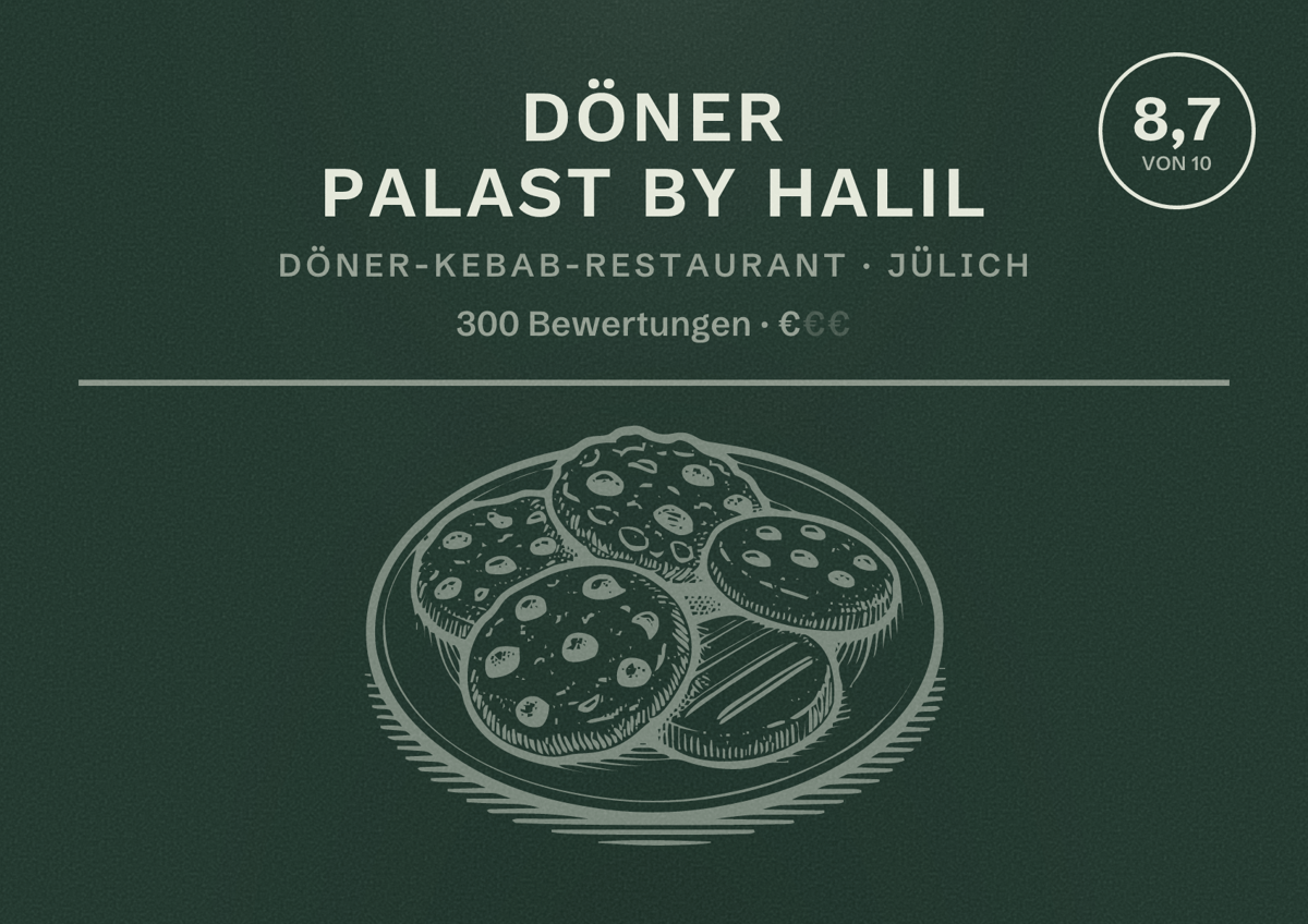 Illustriertes Poster von Döner Palast by Halil, Döner-Kebab-Restaurant in Jülich: Bewertung 8,7 von 10 aus 300 Bewertungen, Preisniveau €