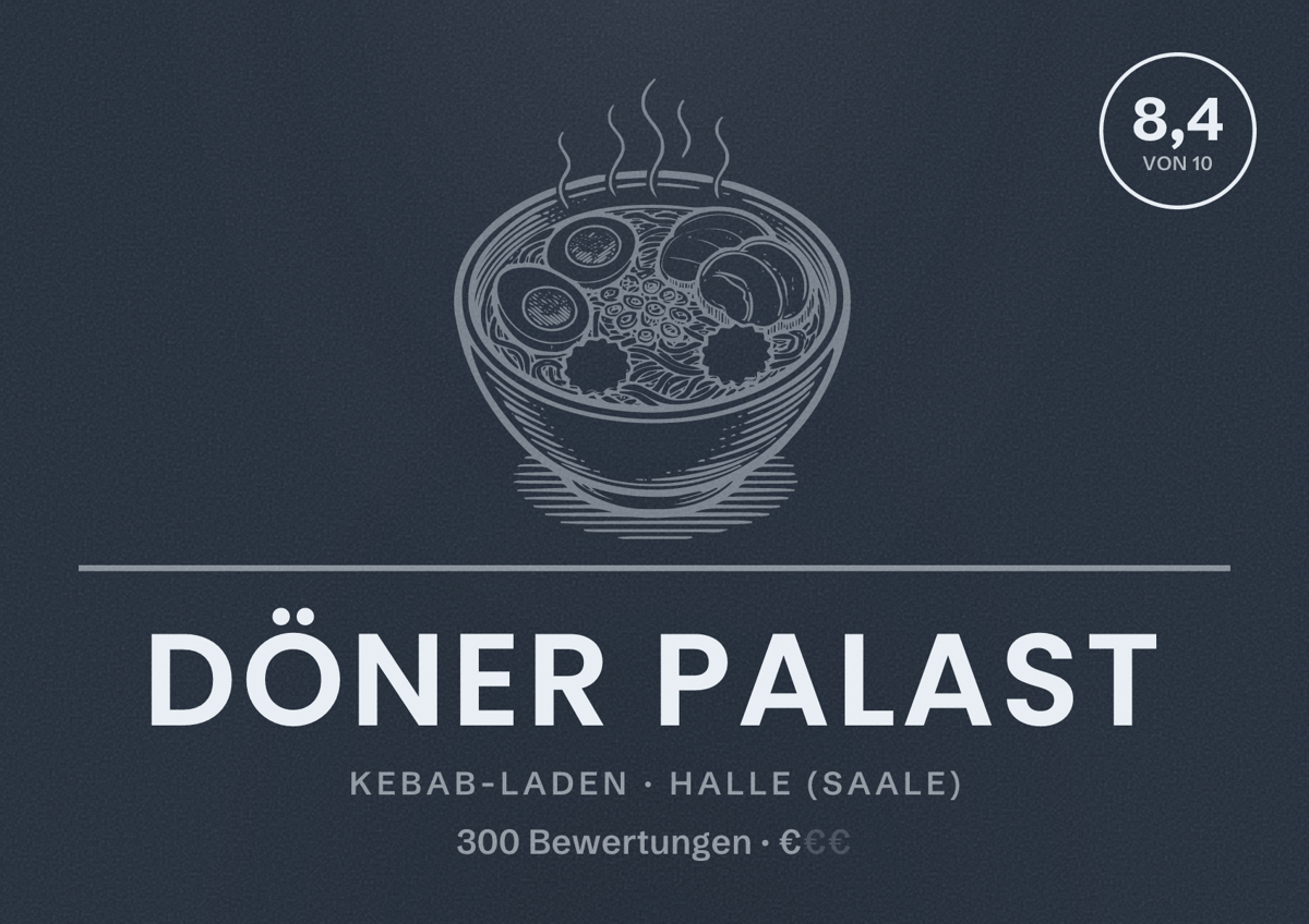 Illustriertes Poster von Döner Palast, Kebab-Laden in Halle (Saale): Bewertung 8,4 von 10 aus 300 Bewertungen, Preisniveau €