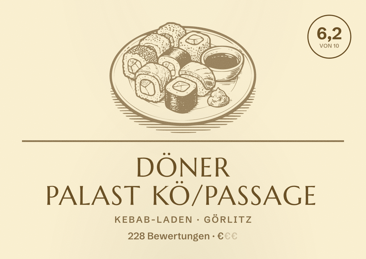Illustriertes Poster von DÖNER PALAST KÖ/Passage, Kebab-Laden in Görlitz: Bewertung 6,2 von 10 aus 228 Bewertungen, Preisniveau €