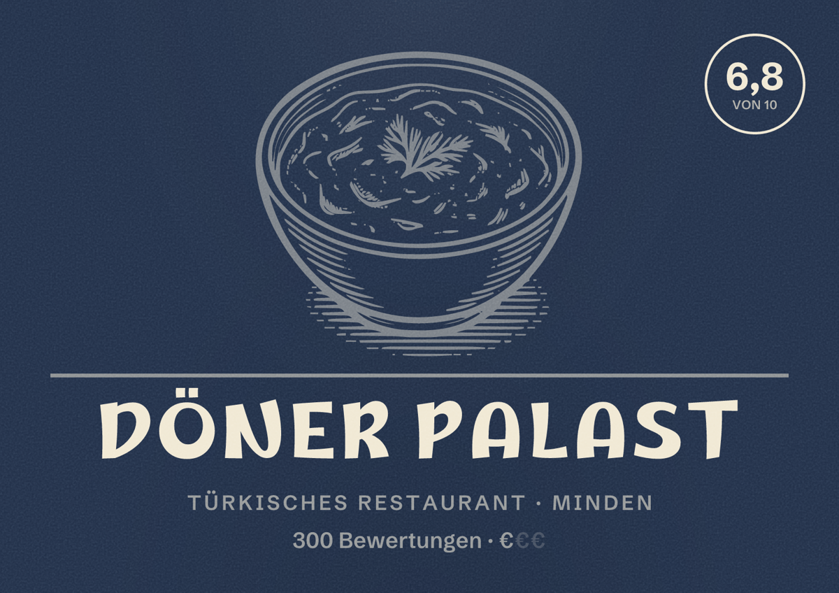 Illustriertes Poster von Döner Palast, Türkisches Restaurant in Minden: Bewertung 6,8 von 10 aus 300 Bewertungen, Preisniveau €