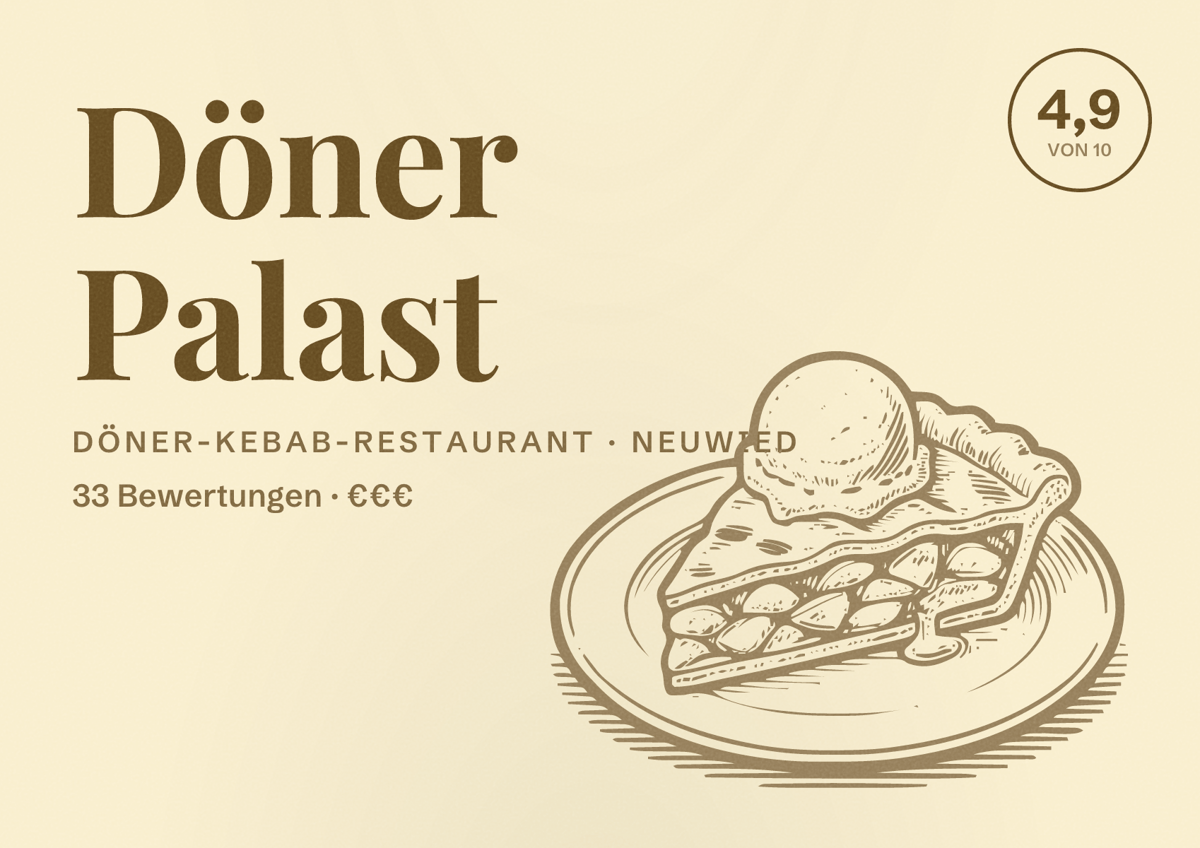 Illustriertes Poster von Döner Palast, Döner-Kebab-Restaurant in Neuwied: Bewertung 4,9 von 10 aus 33 Bewertungen, Preisniveau €€€