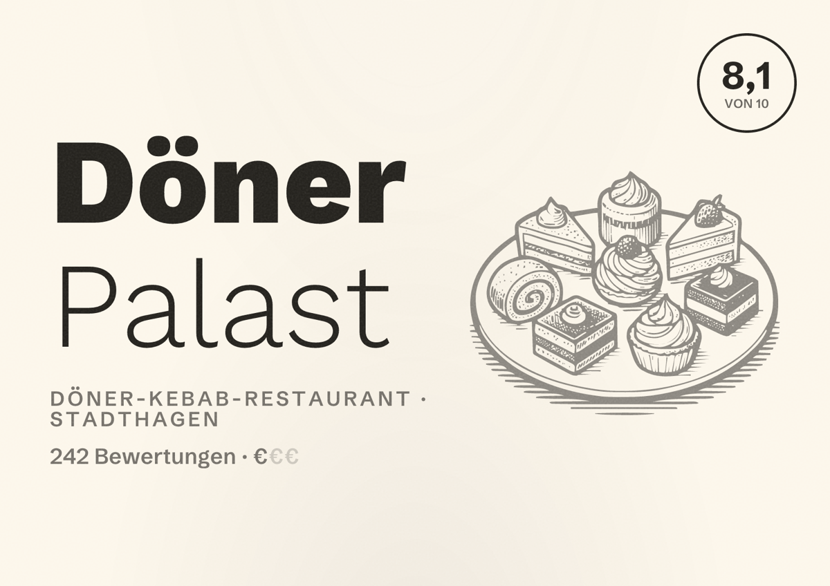 Illustriertes Poster von Döner Palast, Döner-Kebab-Restaurant in Stadthagen: Bewertung 8,1 von 10 aus 242 Bewertungen, Preisniveau €