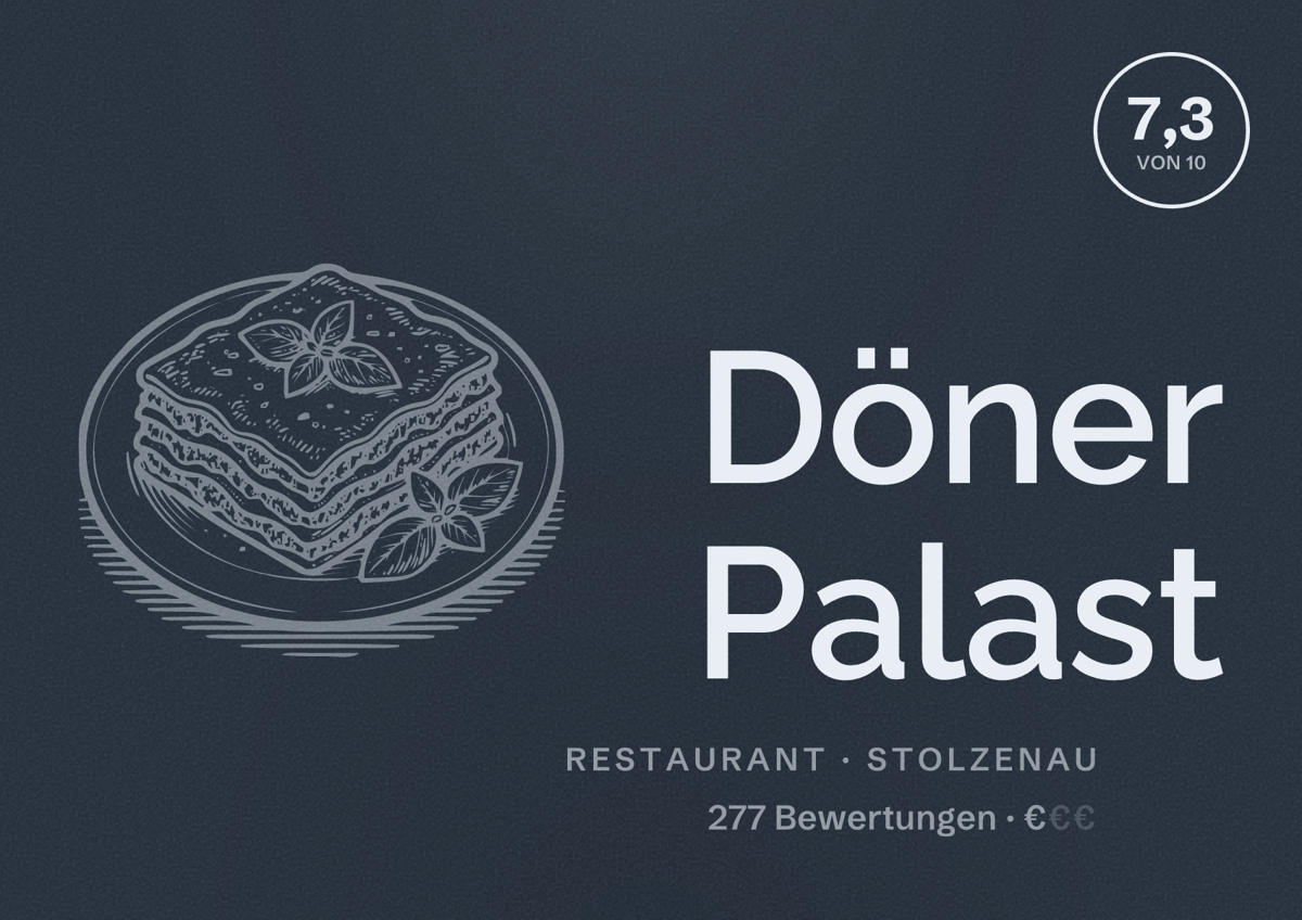 Illustriertes Poster von Döner Palast, Restaurant in Stolzenau: Bewertung 7,3 von 10 aus 277 Bewertungen, Preisniveau €