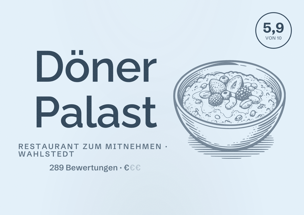 Illustriertes Poster von Döner Palast, Restaurant zum Mitnehmen in Wahlstedt: Bewertung 5,9 von 10 aus 289 Bewertungen, Preisniveau €