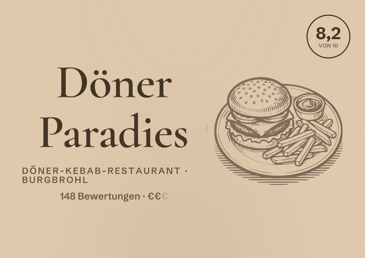 Illustriertes Poster von Döner Paradies, Döner-Kebab-Restaurant in Burgbrohl: Bewertung 8,2 von 10 aus 148 Bewertungen, Preisniveau €€