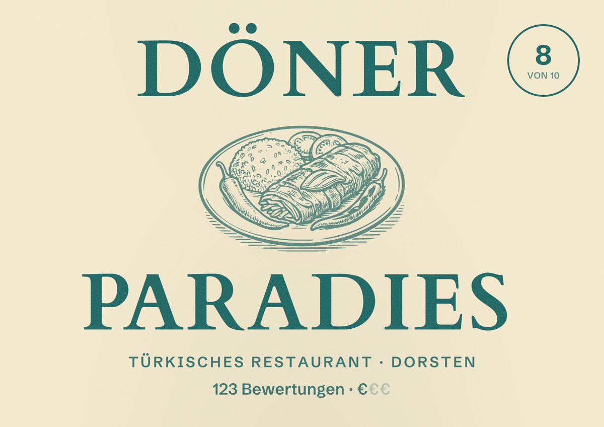 Illustriertes Poster von Döner Paradies, Türkisches Restaurant in Dorsten: Bewertung 8 von 10 aus 123 Bewertungen, Preisniveau €