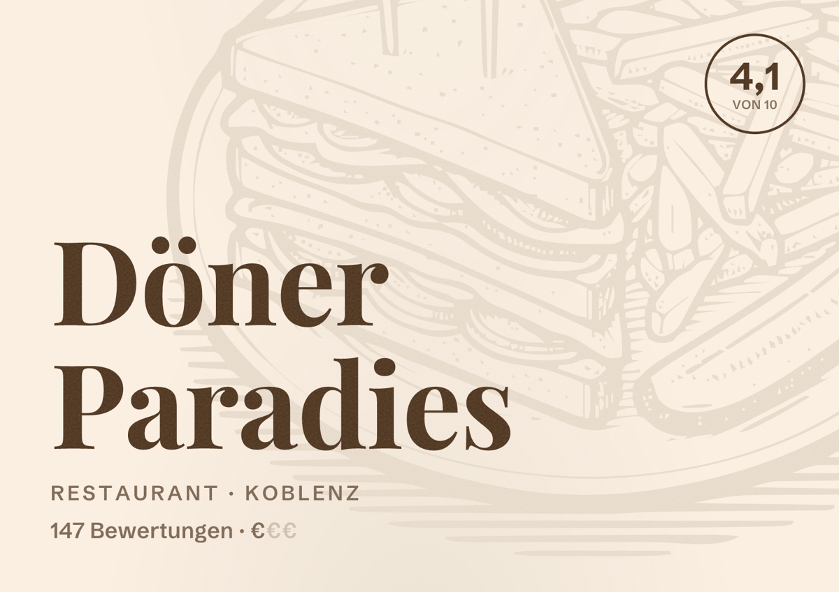 Illustriertes Poster von Döner Paradies, Restaurant in Koblenz: Bewertung 4,1 von 10 aus 147 Bewertungen, Preisniveau €