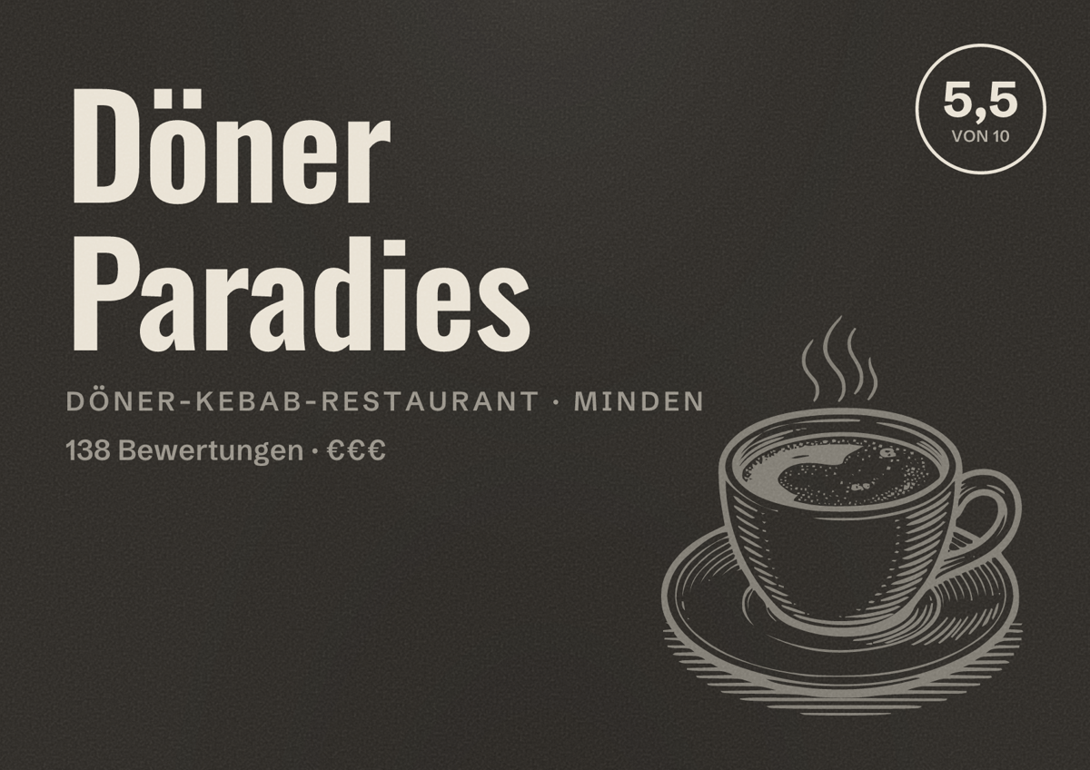 Illustriertes Poster von Döner Paradies, Döner-Kebab-Restaurant in Minden: Bewertung 5,5 von 10 aus 138 Bewertungen, Preisniveau €€€