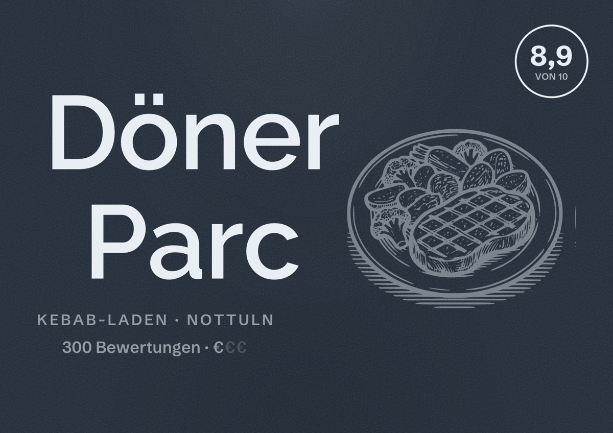 Illustriertes Poster von Döner Parc, Kebab-Laden in Nottuln: Bewertung 8,9 von 10 aus 300 Bewertungen, Preisniveau €