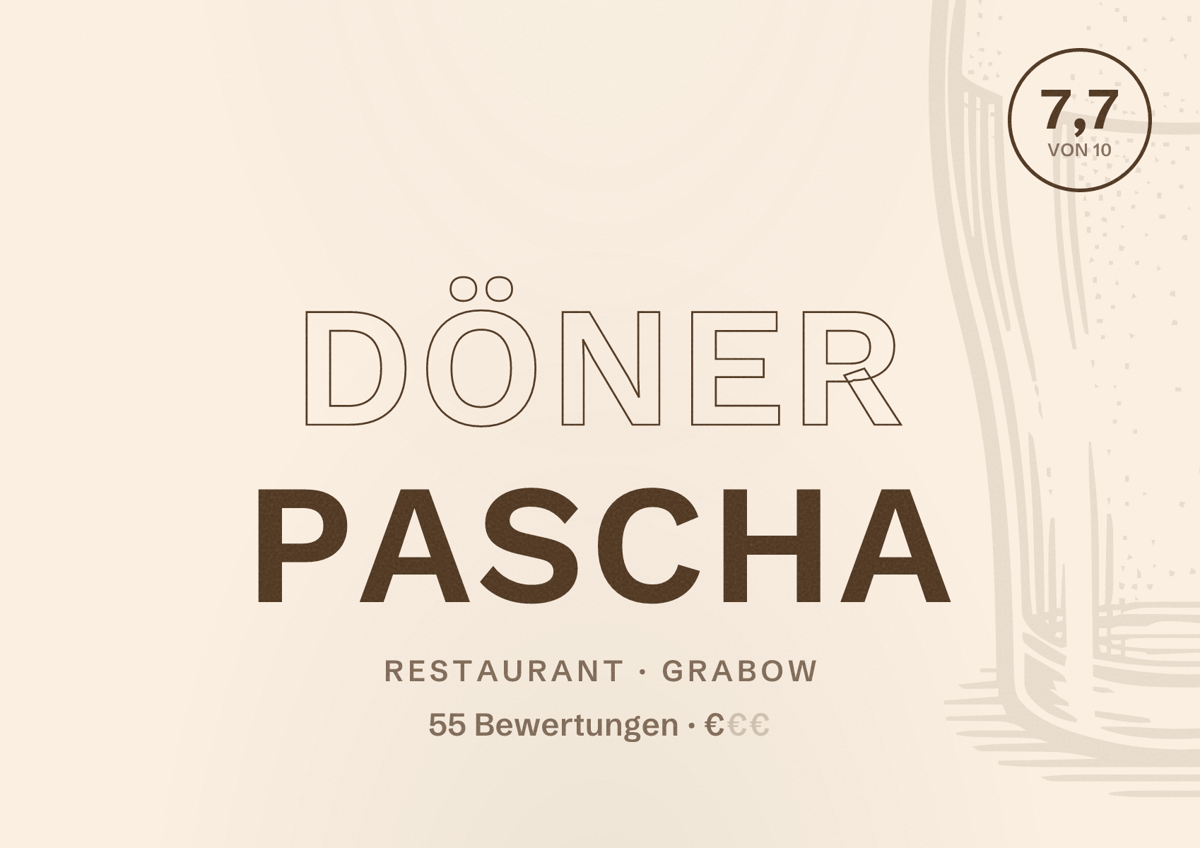 Illustriertes Poster von Döner Pascha, Restaurant in Grabow: Bewertung 7,7 von 10 aus 55 Bewertungen, Preisniveau €