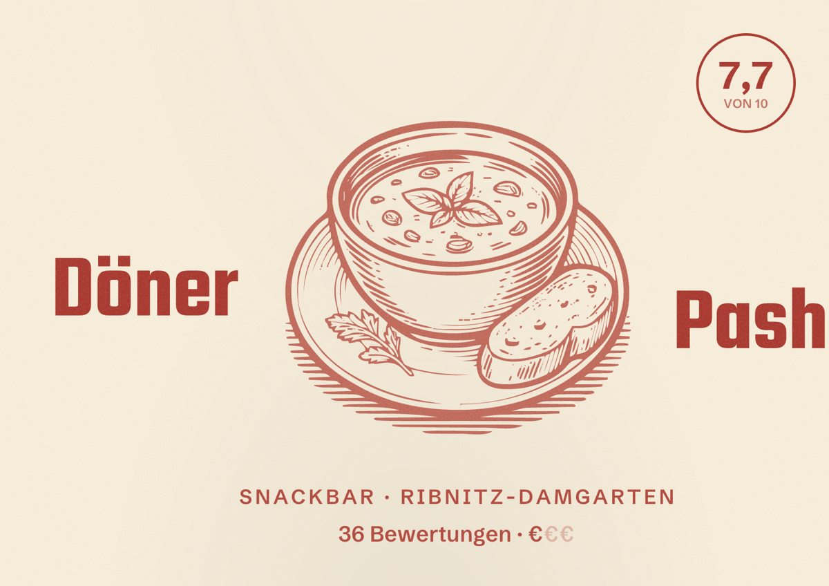 Illustriertes Poster von Döner Pasha, Snackbar in Ribnitz-Damgarten: Bewertung 7,7 von 10 aus 36 Bewertungen, Preisniveau €