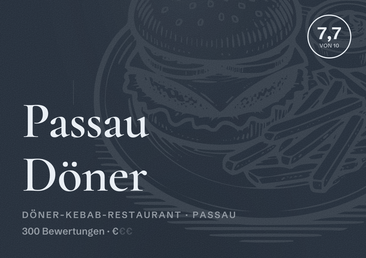Illustriertes Poster von Passau Döner, Döner-Kebab-Restaurant in Passau: Bewertung 7,7 von 10 aus 300 Bewertungen, Preisniveau €