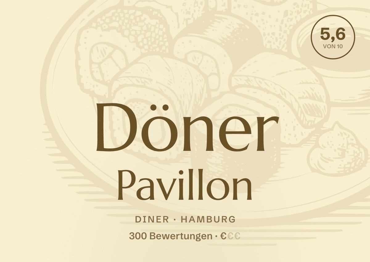 Illustriertes Poster von Döner Pavillon, Diner in Hamburg: Bewertung 5,6 von 10 aus 300 Bewertungen, Preisniveau €