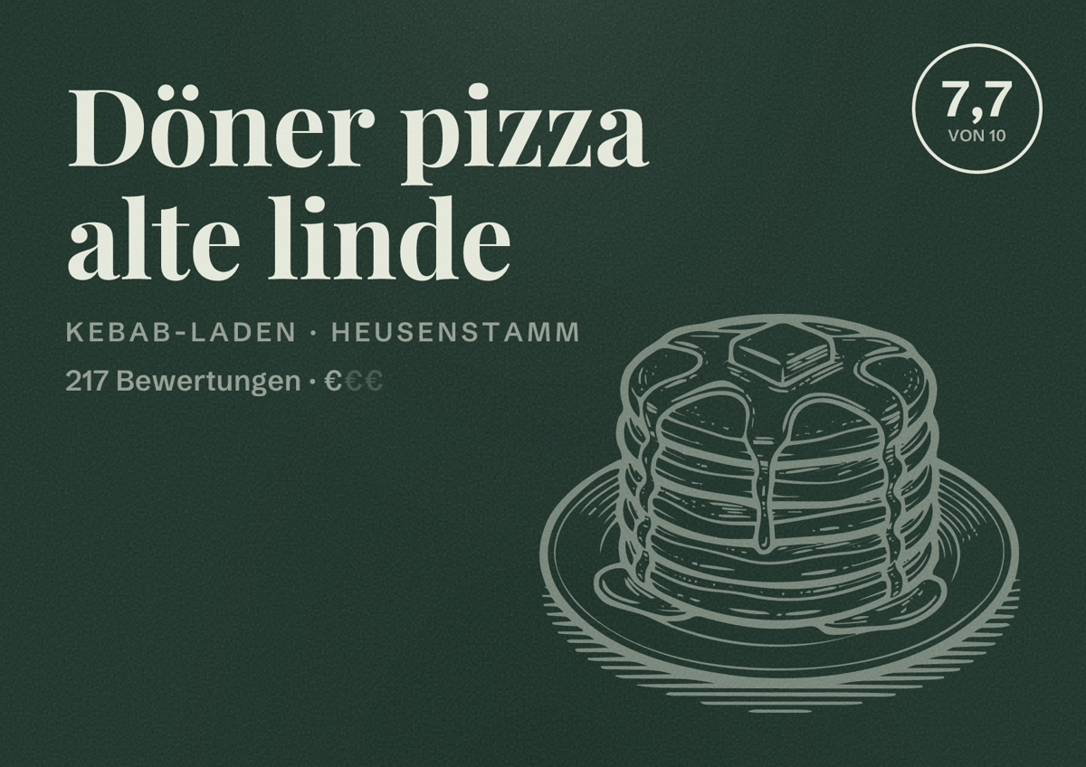 Illustriertes Poster von Döner pizza alte linde, Kebab-Laden in Heusenstamm: Bewertung 7,7 von 10 aus 217 Bewertungen, Preisniveau €