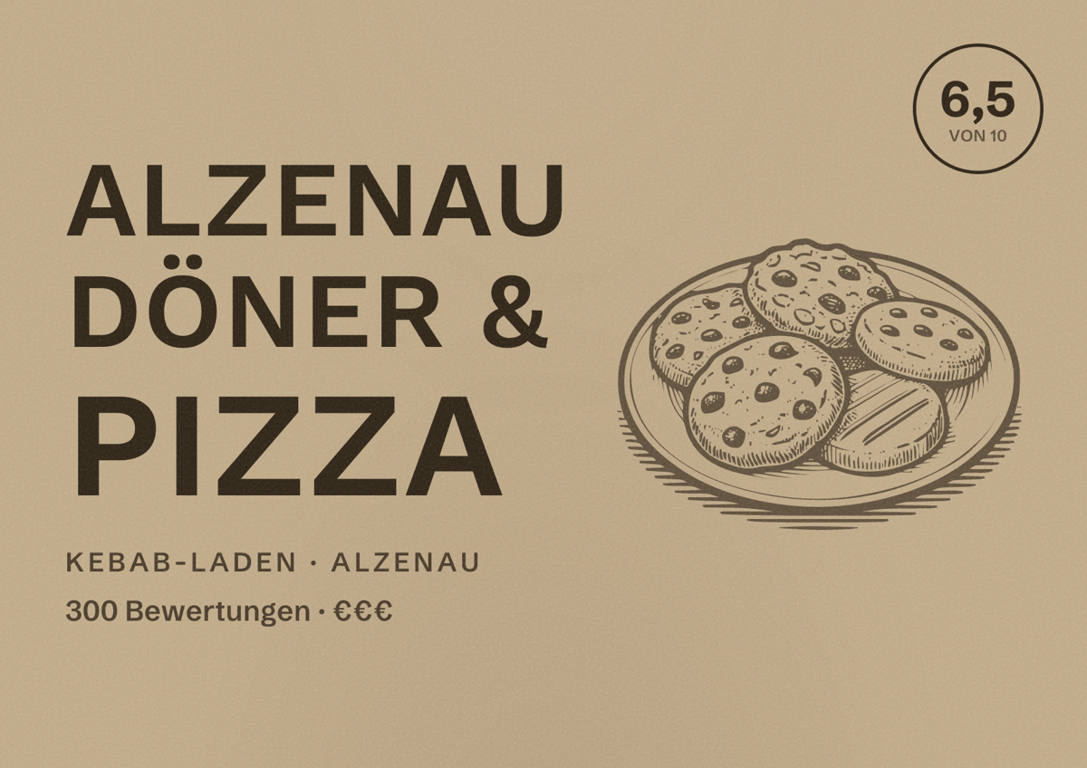 Illustriertes Poster von Alzenau Döner & Pizza, Kebab-Laden in Alzenau: Bewertung 6,5 von 10 aus 300 Bewertungen, Preisniveau €€€
