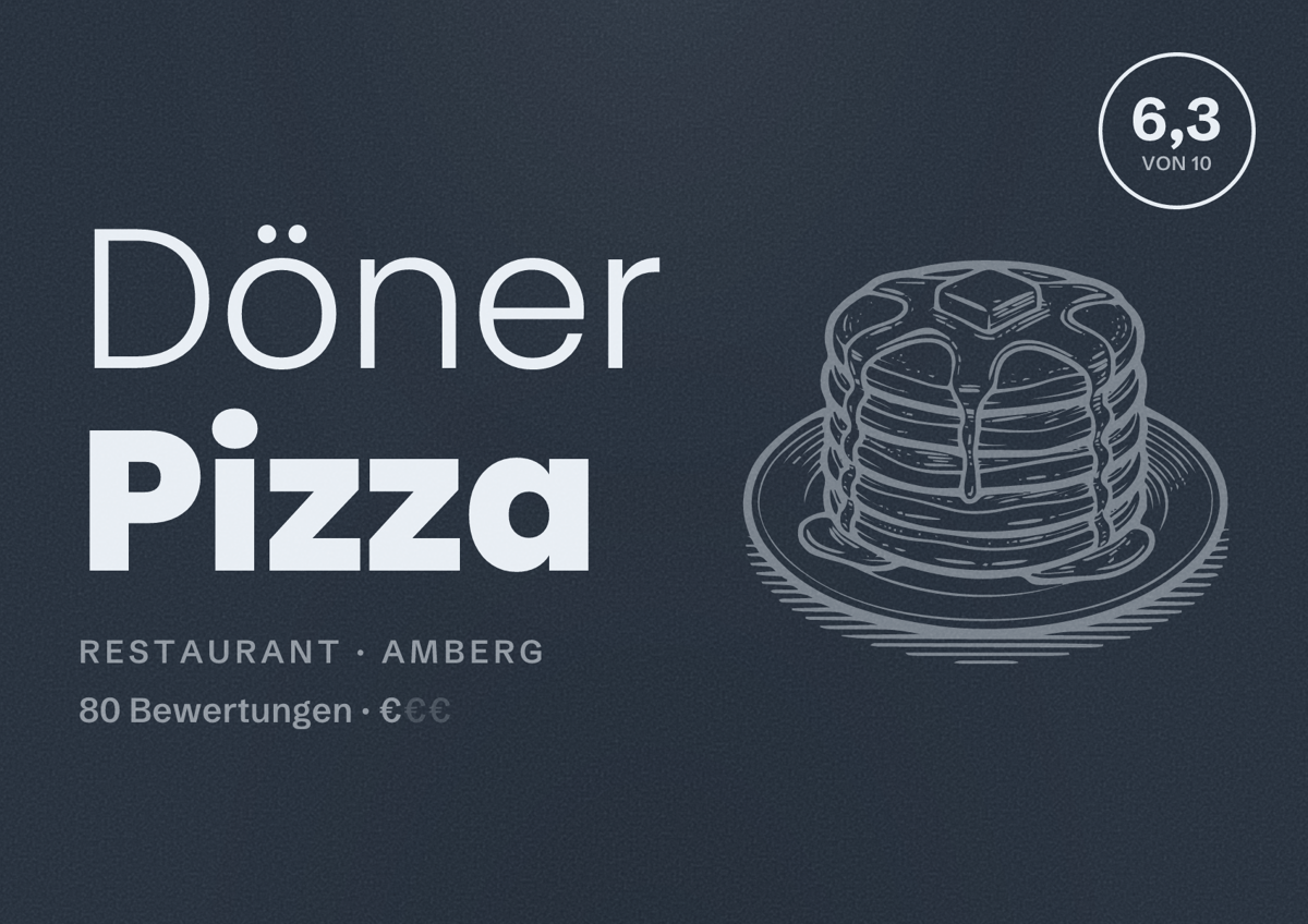 Illustriertes Poster von Döner Pizza, Restaurant in Amberg: Bewertung 6,3 von 10 aus 80 Bewertungen, Preisniveau €