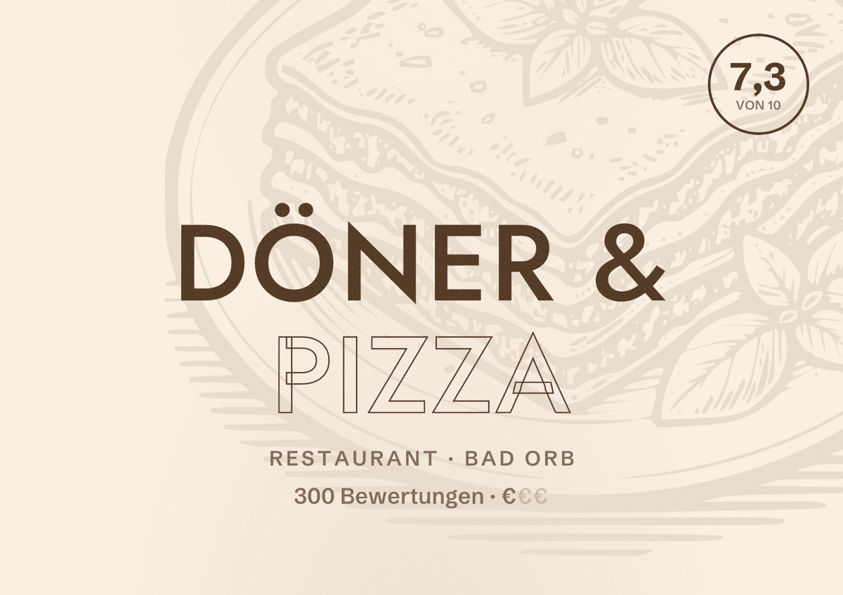 Illustriertes Poster von Döner & Pizza, Restaurant in Bad Orb: Bewertung 7,3 von 10 aus 300 Bewertungen, Preisniveau €