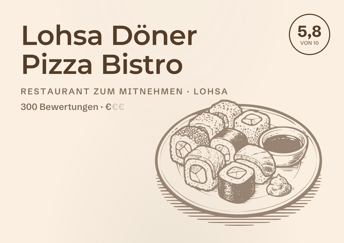 Illustriertes Poster von Lohsa Döner Pizza Bistro, Restaurant zum Mitnehmen in Lohsa: Bewertung 5,8 von 10 aus 300 Bewertungen, Preisniveau €