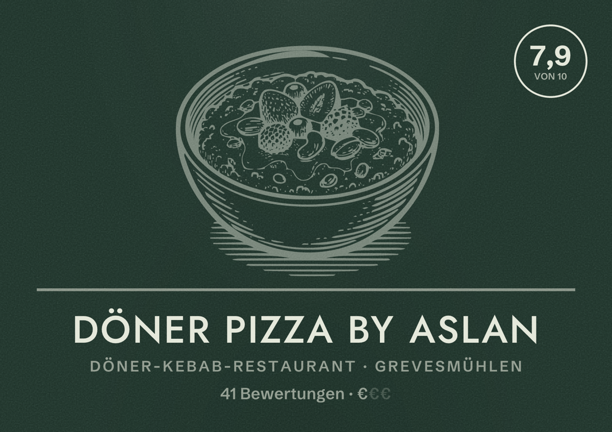 Illustriertes Poster von Döner Pizza By Aslan, Döner-Kebab-Restaurant in Grevesmühlen: Bewertung 7,9 von 10 aus 41 Bewertungen, Preisniveau €