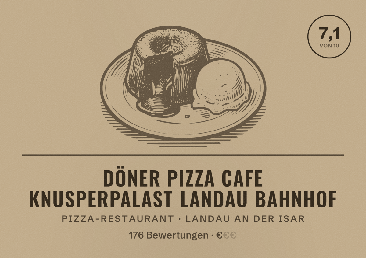 Illustriertes Poster von Döner Pizza Cafe Knusperpalast Landau Bahnhof, Pizza-Restaurant in Landau an der Isar: Bewertung 7,1 von 10 aus 176 Bewertungen, Preisniveau €