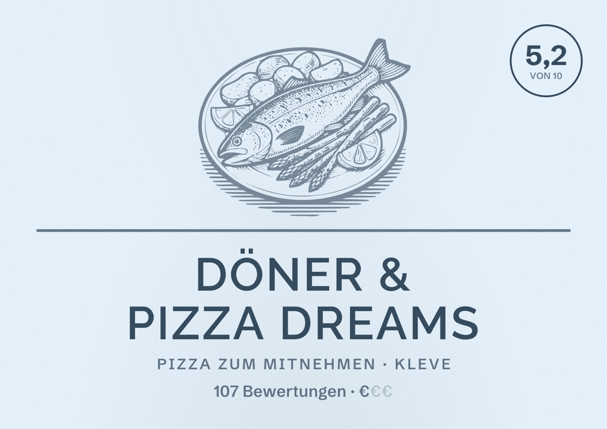 Illustriertes Poster von Döner & Pizza Dreams, Pizza zum Mitnehmen in Kleve: Bewertung 5,2 von 10 aus 107 Bewertungen, Preisniveau €