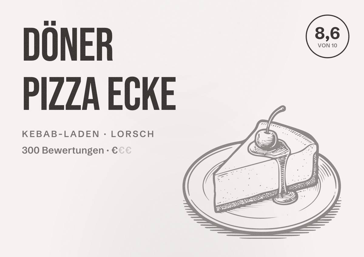 Illustriertes Poster von Döner Pizza Ecke, Kebab-Laden in Lorsch: Bewertung 8,6 von 10 aus 300 Bewertungen, Preisniveau €