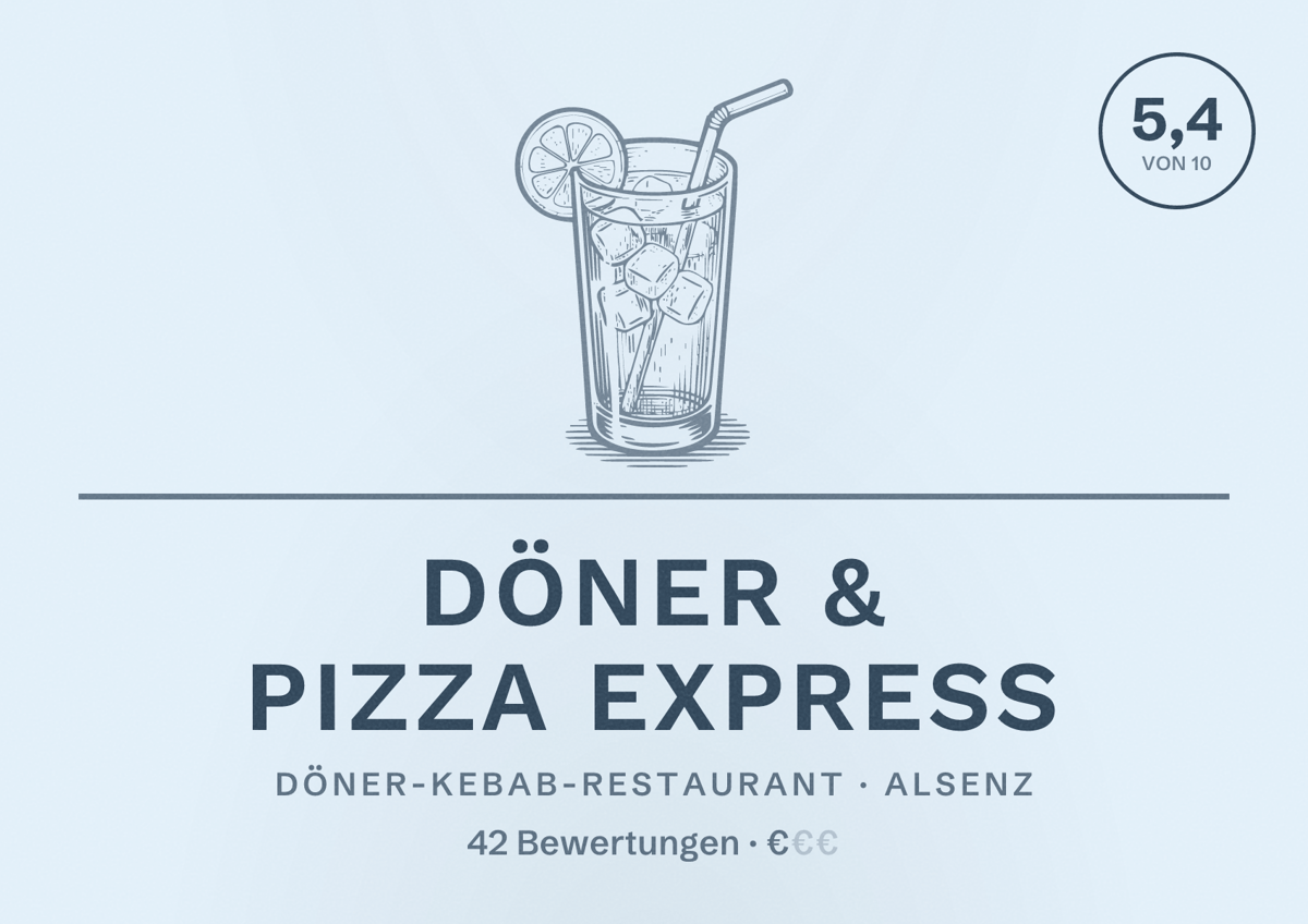 Illustriertes Poster von Döner & Pizza Express, Döner-Kebab-Restaurant in Alsenz: Bewertung 5,4 von 10 aus 42 Bewertungen, Preisniveau €