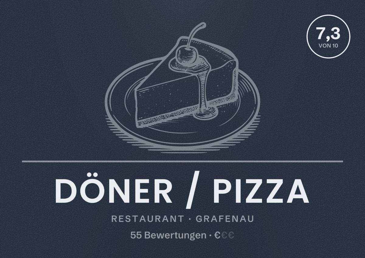 Illustriertes Poster von Döner / Pizza, Restaurant in Grafenau: Bewertung 7,3 von 10 aus 55 Bewertungen, Preisniveau €