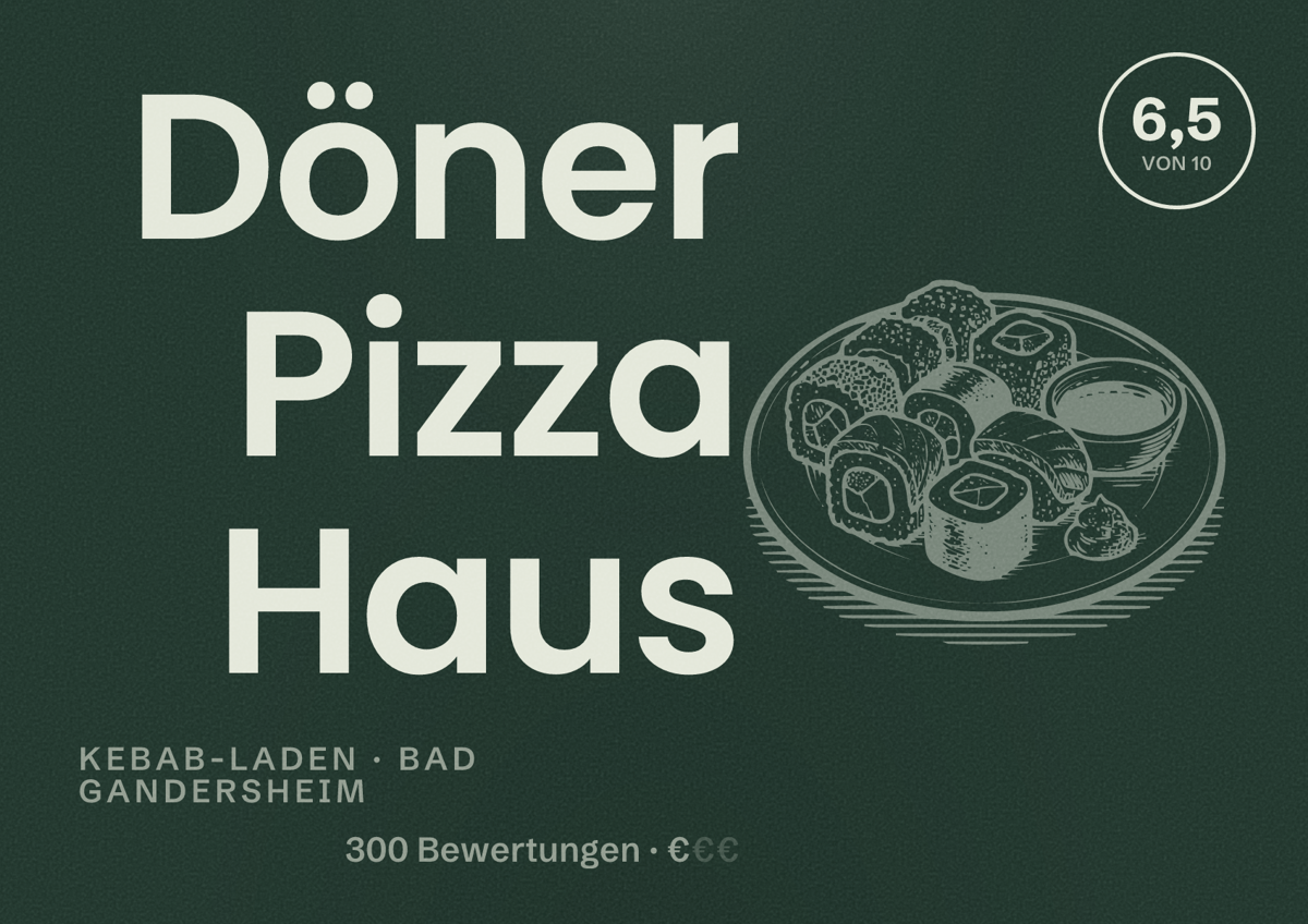 Illustriertes Poster von Döner Pizza Haus, Kebab-Laden in Bad Gandersheim: Bewertung 6,5 von 10 aus 300 Bewertungen, Preisniveau €