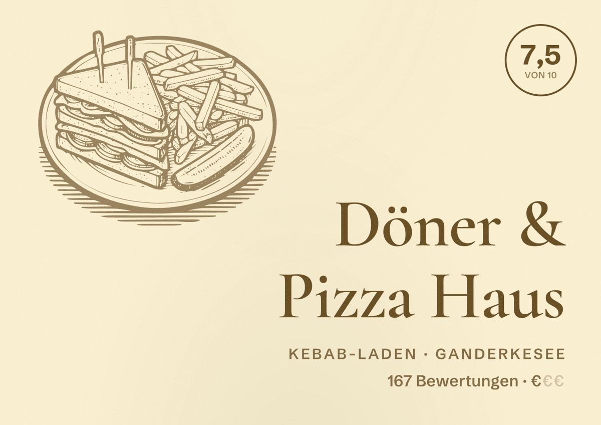 Illustriertes Poster von Döner & Pizza Haus, Kebab-Laden in Ganderkesee: Bewertung 7,5 von 10 aus 167 Bewertungen, Preisniveau €