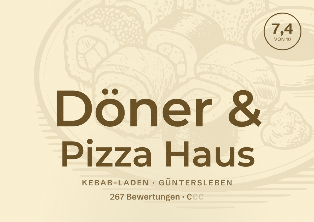 Illustriertes Poster von Döner & Pizza Haus, Kebab-Laden in Güntersleben: Bewertung 7,4 von 10 aus 267 Bewertungen, Preisniveau €
