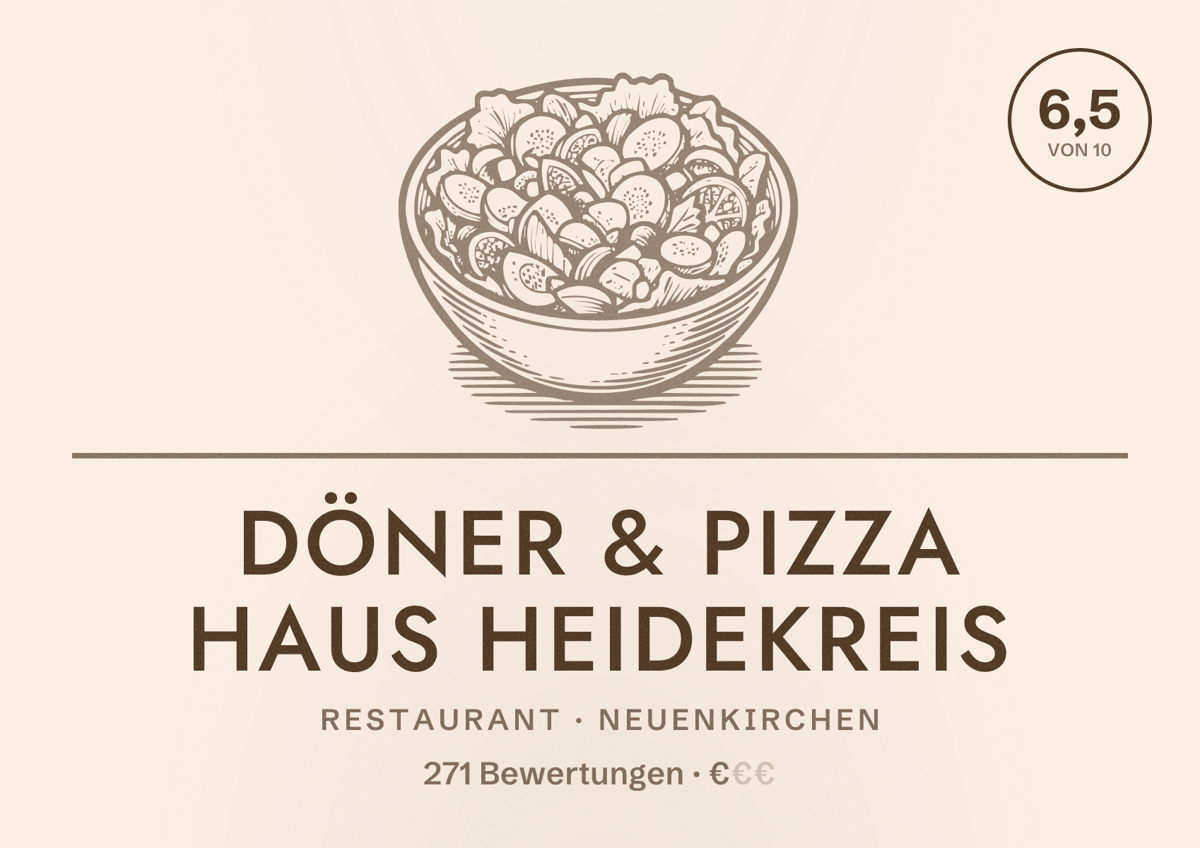 Illustriertes Poster von Döner & Pizza Haus HeideKreis, Restaurant in Neuenkirchen: Bewertung 6,5 von 10 aus 271 Bewertungen, Preisniveau €