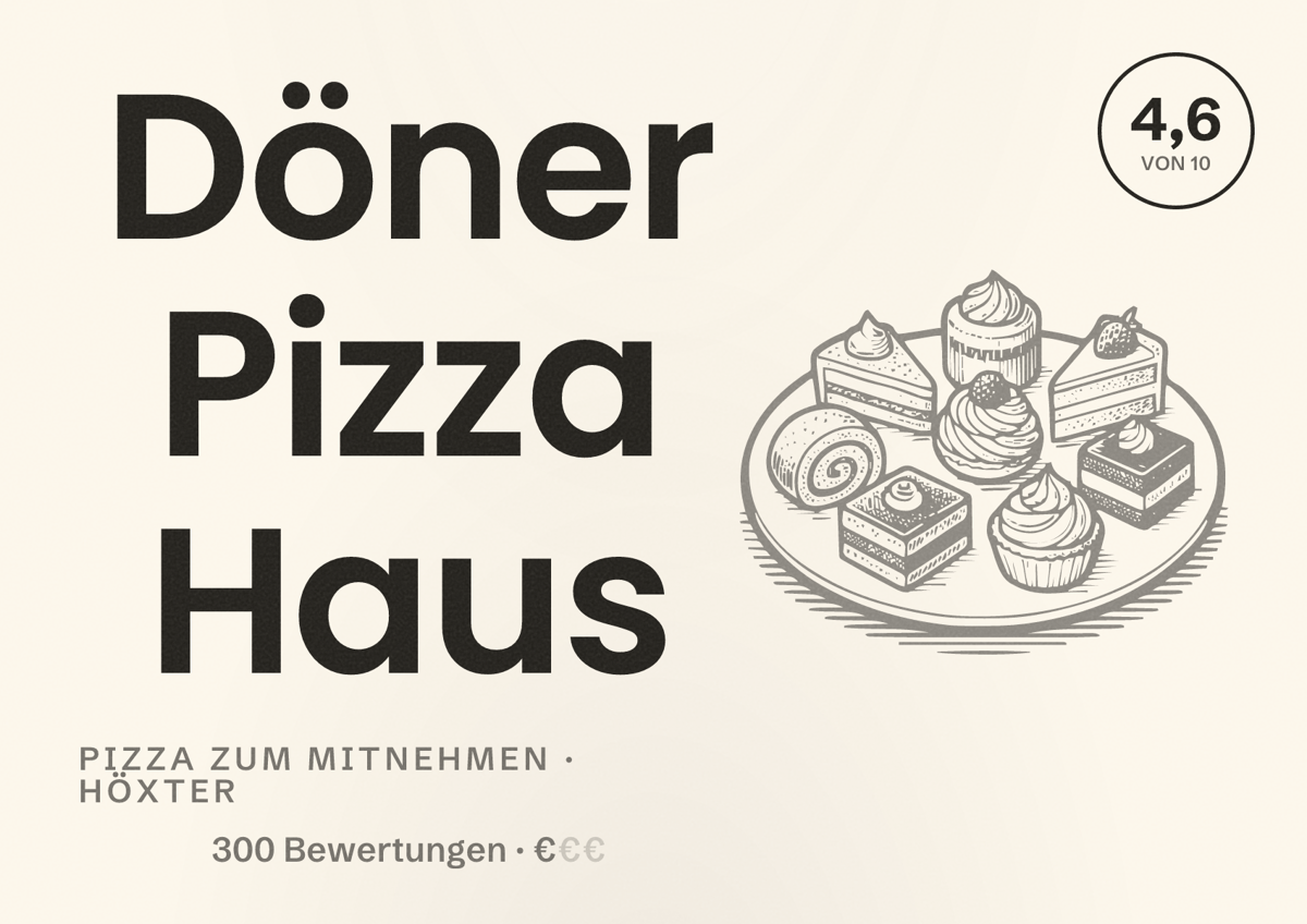 Illustriertes Poster von Döner Pizza Haus, Pizza zum Mitnehmen in Höxter: Bewertung 4,6 von 10 aus 300 Bewertungen, Preisniveau €