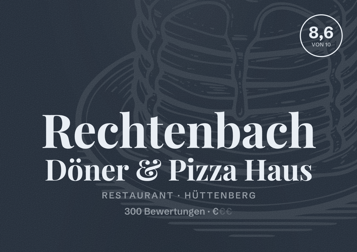 Illustriertes Poster von Rechtenbach Döner & Pizza Haus, Restaurant in Hüttenberg: Bewertung 8,6 von 10 aus 300 Bewertungen, Preisniveau €