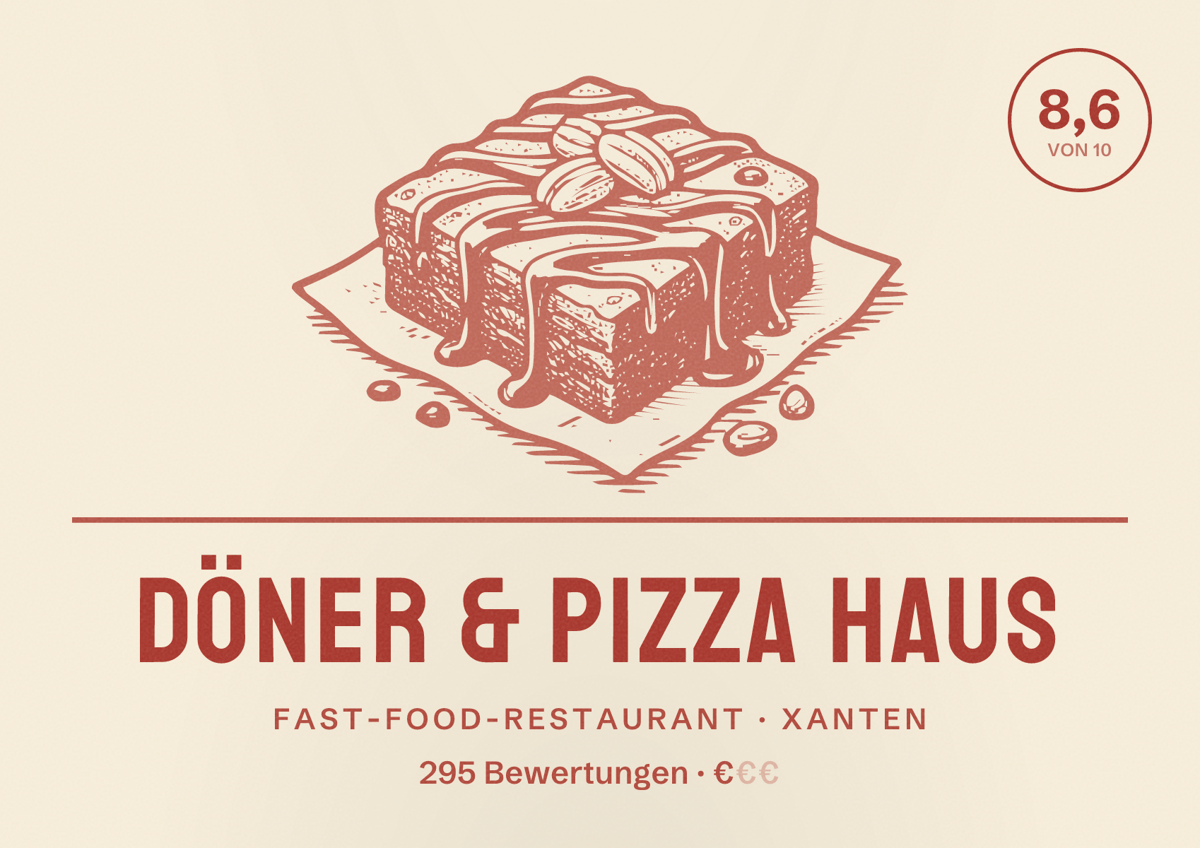 Illustriertes Poster von Döner & Pizza Haus, Fast-Food-Restaurant in Xanten: Bewertung 8,6 von 10 aus 295 Bewertungen, Preisniveau €