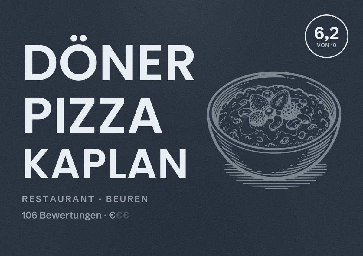 Illustriertes Poster von Döner Pizza Kaplan, Restaurant in Beuren: Bewertung 6,2 von 10 aus 106 Bewertungen, Preisniveau €